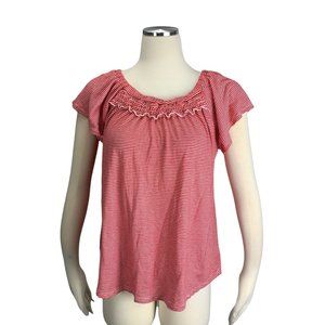 Cha Cha Vente Medium Top Linen Red White Stripe Short Sleeve Casual Stretch Naut